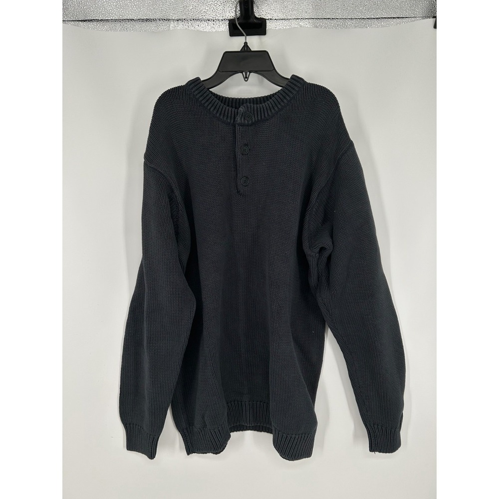 L.L.Bean Henley Sweater Men 2XLT Black Knit Ribbed Hem & Cuff Cotton Long Sleeve